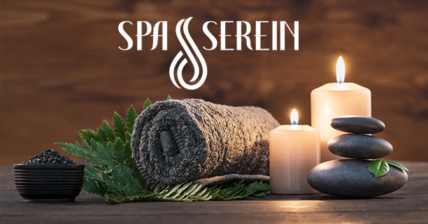 Spa candles, salts, stones, and a towel with the Spa Serein logo superimposed over top.